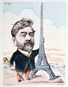Gustave Eiffel (1832-1923) legismertebb építményével, az Eiffel-toronnyal, amelyet Forest Fleury metszett